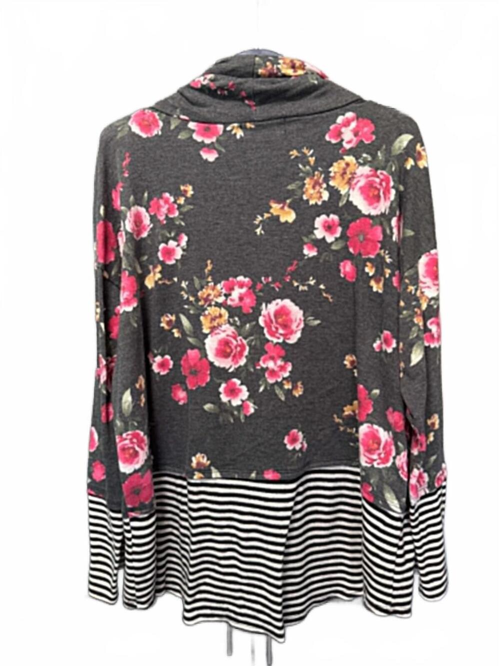 Haptics Floral and Striped Long Sleeve Cowl Neck Top